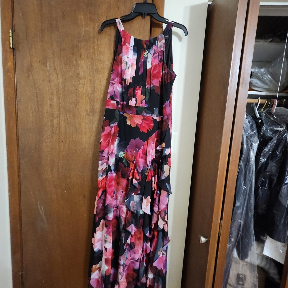 R&K Black Maxi Dress with Pink & Red Floral Print